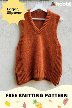 an orange knitted vest hanging on a wall with the text, free knitting pattern