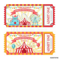 two tickets for an amusement park with circus tents and ferris wheel in the background - miscellaneous objects