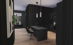 a kitchen with black walls and wooden flooring next to a dining room table in the middle