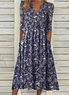 A women's casual V-neck short sleeve floral midi dress is the epitome of effortless style and comfort. With its relaxed fit, flattering V-neckline, and charming floral print, this dress is perfect for any casual occasion. Beach Dresses Casual, Printed Summer Shorts, Casual Dresses Plus Size, Floral Print Maxi Dress, Green Midi Dress, Spring Summer Dress, Cheap Fashion, Long Sleeve Midi, Woven Dress