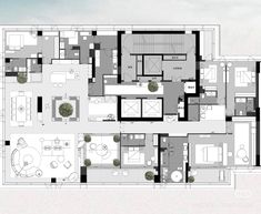 an aerial view of the floor plan of a modern home with multiple levels and lots of windows