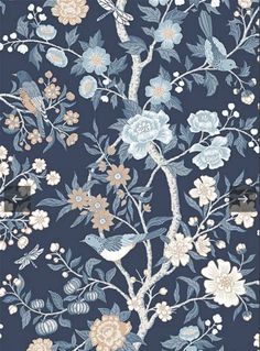 a blue floral wallpaper with birds and flowers