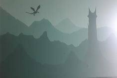 a bird flying over a mountain range with a clock tower in the foreground and foggy sky