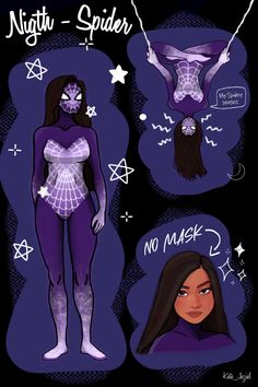 an image of a woman in purple and white bodysuits with the words night - spider