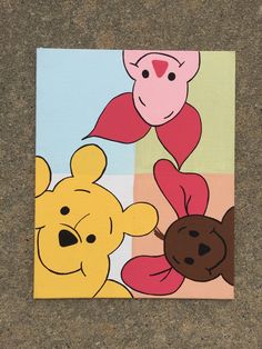 a painting of winnie the pooh and piglet with flowers in front of them