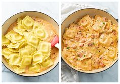 two images showing the same pasta dish before and after being cooked