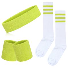 PRICES MAY VARY. 💖 WHAT YOU WILL GET: 1 piece sport headband x 2 pieces wristbands, 1 pair of high tube socks (variety of colors for select); The good elasticity makes the sport sweat-wicking set fit most teens and adults to wear, suitable for both men and women, have them to make you stand out in the crowd or themed parties. 💖 PREMIUM QUALITY: The 80s headband wristband socks set are made of Sweat-absorbent fabric & polyester, breathes well, moisture-wicking, lightweight, which are soft and comfortable, not easy to deform and fade. Highly absorbent outdoor sweatbands can wipe off the sweat on the face when exercising, avoid sweat running into your eyes and give you a comfortable feeling of movement. 💖 STYLISH & FASHINABLE: Fitness tennis headband approx.7.88" x 2.16", wrist sweatbands: Tennis Headband, Team Activities, Sports Headbands, Costume Themes, Striped Socks