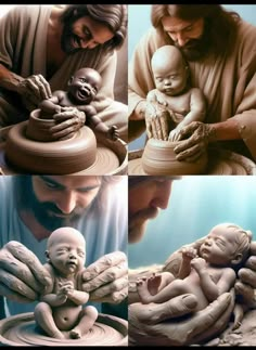 a man holding a baby in his arms and making clay sculptures on top of it