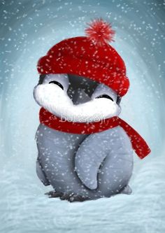 a painting of a penguin wearing a red knitted hat and scarf, sitting in the snow