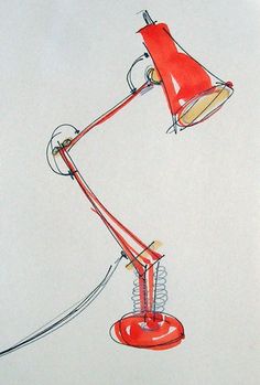 a drawing of a red desk lamp on a white background