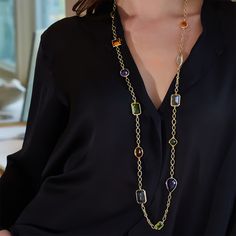 Recalling the opulent aesthetic of the Eastern Roman Empire, the Confetti Necklace can be worn long for a casual style or doubled around the neck for a more tailored look. • 18k yellow gold, prasiolite, amethyst, blue topaz, peridot, citrine, lemon quartz, Madeira citrine, rutilated quartz and aquamarine • Measures 43 inches long Upon purchase, a Verdura sales executive will contact you regarding the details of your order. If you wish to discuss before purchasing, please email info@verdura.com o Luxury Necklaces With Natural Stones, Formal Gold Chain Necklace With Gemstone, Luxury Multi-stone Necklaces For Formal Occasions, Luxury Formal Multi-stone Necklace, Luxury Long Necklace With Jewels, Luxury Formal Necklaces With Stones, Elegant Yellow Gold Gemstone Chain Necklace, Elegant Yellow Gold Jewelry With Stones, Long Gemstone Necklace For Formal Occasions