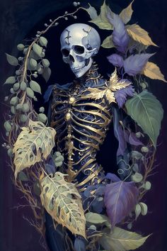 a painting of a skeleton surrounded by leaves