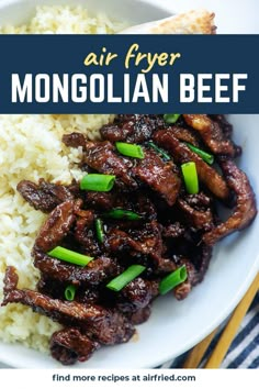 the beef dish is served with rice and scallions on the side for an air fryer recipe