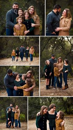 a collage of family photos taken in the woods with their parents and children together