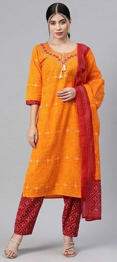 Orange color Salwar Kameez in Cotton fabric with Bandhej, Embroidered, Printed, Resham, Thread work Orange Bandhani Print Sets For Eid, Eid Orange Kurta With Bandhani Print, Orange Bandhani Print Kurta For Eid, Orange Bandhani Kurta For Eid, Orange Bandhani Print Kurta For Diwali, Festive Orange Kurta With Bandhani Print, Festive Orange Bandhani Print Kurta, Orange Bandhani Print Kurta For Festive Occasions, Orange Anarkali With Bandhani Print