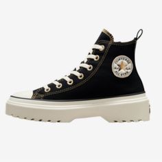 Converse Glazed Chrome Lugged Lift Hi Shoe Brand New With Tag Never Worn Comes With Original Box In The Color Gold/Egret/Black Size 7y/8.5w Shoes Converse, Converse Black, Womens Converse, Converse Shoes, Shoe Brands, Womens Shoes Sneakers, Glaze, Original Box, Converse