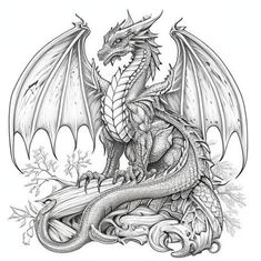 a black and white drawing of a dragon sitting on top of a piece of wood