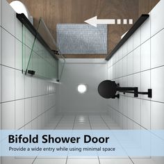 a bathroom with white tile walls and flooring that has the words biffold shower door above it