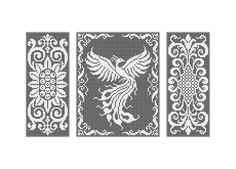 three cross stitch designs with white and black patterns on the same side, one has a bird