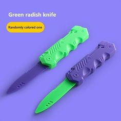 two green and purple knifes sitting next to each other on a purple background with the words, green radish knife randomly colored one