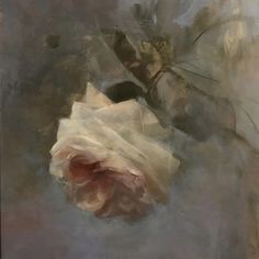 an oil painting of a white rose on a gray background