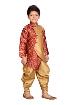 Traditional is never out of fashion, so how about decking up your little boy in something ethnic and truly Indian. AJ Dezines presents this party wear designer exclusive Sherwani Suit set for kids which includes a sherwani and a pair of dhoti style pyjamas with brooch.Made from silk blend fabric and gives an elegant look symbolising the traditional outfit of India. Featuring nehru collar, side button detailing, printed pattern, full sleeve, welt pocket, pocket square, brooch detailing. This dres Kids Indian Wear, Dress Png, Kids Ethnic Wear, Boys Kurta, Traditional Outfit, Suit Set, Wearing Red, Indian Wear, School Activities