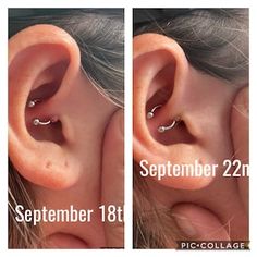 two pictures of the same ear with different piercings on each side and an image of what they look like