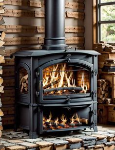 a wood burning stove with logs stacked around it