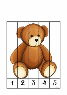 a brown teddy bear sitting on top of a number line in front of a white background