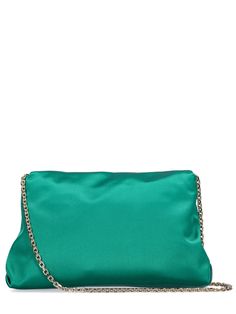 Height: 14cm Width: 24cm Depth: 8cm. Strap drop: 41.5cm. Metal chain strap. Front flap with magnetic button closure. Front crystal buckle detail. One internal zip pocket. Lined Green Clutch With Detachable Strap For Formal Events, Green Clutch With Chain Strap For Formal Occasions, Green Formal Clutch With Chain Strap, Formal Green Clutch With Chain Strap, Formal Evening Bag With Zipper Closure, Green Evening Clutch With Detachable Strap, Roger Vivier Clutch, Fur Clutch, Satin Clutch