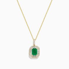 Effy Brasilica 14K Yellow Gold Emerald and Diamond Pendant Elegant Green Necklaces Stamped 14k, Rectangular Emerald Jewelry In Yellow Gold, Rectangular Emerald Yellow Gold Jewelry, Yellow Gold Emerald Jewelry, Tarnish Resistant, Gold Necklace With Emerald Cut In 14k Gold, Rectangular Emerald Gold Jewelry, Elegant Green Necklace With Vvs Clarity, Exquisite 14k Gold Green Jewelry, Gold Emerald Cut Jewelry For May Birthstone