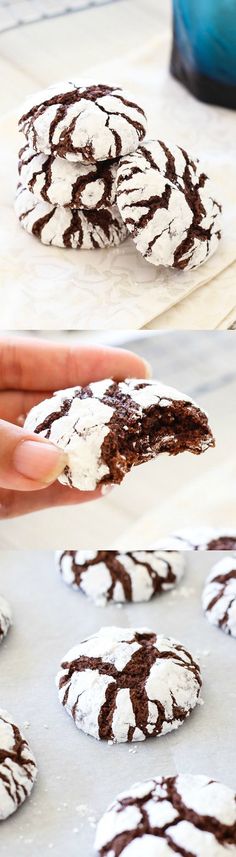 a hand holding a chocolate crinkle cookie with white frosting on it and the inside