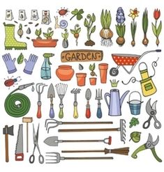 an illustration of garden tools and gardening implements