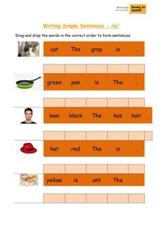 the worksheet for writing simple sentences with pictures and words on it, including an orange background