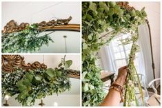 a collage of photos showing the process of making a wreath with artificial greenery