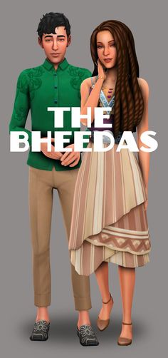 a man and woman standing next to each other in front of the words the bheedass