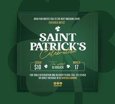 the saint patrick's celebration flyer is shown in green and gold with shamrocks