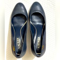 Color Navy Blue Size 8b New No Flaw Excellent Condition Classic Blue Heels For Work, Classic Blue Round Toe Heels, Blue Leather Heels With Branded Insole, Classic Blue Heels For The Office, Double Rl, Navy Blue Shoes, Gold High Heels, Ralph Lauren Shoes, White Heels