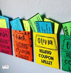 colorful sticky notes pinned to the wall in order to help students learn how to use coupons