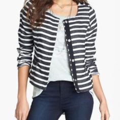 Surprisingly Soft Black And White Striped Cardigan. Can Be Casual Or Perfect For Work. Bought At Nordstrom Because I Adored It, But Never Wore It And Giving Up On It Because It's Not Quite My Size. Spring Striped Workwear Cardigan, Chic Cotton Cardigan For Day Out, Spring Striped Outerwear For Layering, Casual Striped Cardigan, Casual Cotton Cardigan For Day Out, Casual Striped Cotton Cardigan, Black White Cardigan, Graphic Jacket, Graphic Jackets