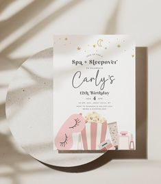 a flyer for a spa sleepover party with pink and white striped items on it