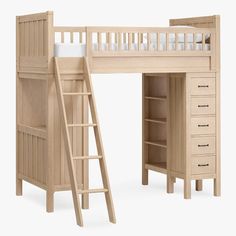 a wooden bunk bed with a ladder next to it and a desk underneath the bed