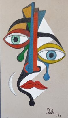 a painting of a face with different colored eyes