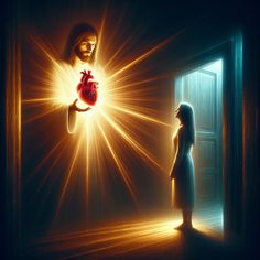 a woman standing in front of an open door with a heart on her hand and the light coming through