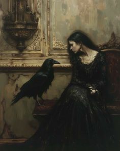 a painting of a woman sitting next to a black bird