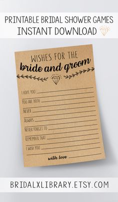 printable bridal shower games for the bride and groom on a brown paper card