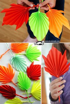 four different pictures showing how to make paper leaves