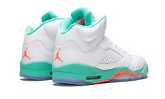 Released in July 2018, the Air Jordan 5 received this fresh new look appropriate for the summer season.  The children's Air Jordan 5 GS “Light Aqua” features a clean white upper with aqua accents on the midsole and inner lining, while bright orange detailing and icy clear blue portions of the outsole complete the refreshing color palette.  The result is a decidedly tropical look.  Produced only in children’s sizing, the appealing look of the Air Jordan 5 GS “Light Aqua” left many adult collectors wishing that they could get their own pair. Aqua Shoes, Retro Lighting, Air Jordan 5, Light Aqua, Stadium Goods, Kids Jordans, Jordan 5, Summer Season, Bright Orange