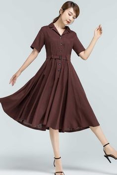 "This swing dress is a 50s inspired shirt dress , featuring classic open neck, notched collar, and center front button closure, finished with a swing skirt, and handy side seam pockets. DETAIL * Made of linen- cotton fabric * 50% linen ,50% cotton * Two seam pocket * Button front closure * Short sleeve * Notched collar * Below knee * Tie belt * More color and More size https://www.etsy.com/listing/796635759/ SIZE GUIDE Size vary between Brand and Country Please get your body measurement with our 1950s Shirtwaist Dress, Long Wool Skirt, Long Linen Skirt, Vintage Midi Dresses, Handmade Skirts, Linen Dress Women, Pleated Long Skirt, Body Measurement, Shirtwaist Dress