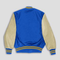 DETAILS OF JACKET The Classic Varsity Jacket Color: Royal Blue / Natural Cream Royal Blue / Gold Rib on Neck, Wrist & Bottom/Hem Two External Side Pockets Exterior Sleeve: Cowhide Leather Interior: Polyester Quilted lining / Two Internal Pockets Style: Classic Varsity Care: DRY CLEAN ONLY We can add custom embroidery, printing, or labels on these jackets as per the customer's demand. Additional charges apply. Blue Fall Outerwear For College, Fall Blue Outerwear For College, Royal Blue Long Sleeve Outerwear For Fall, Blue Fitted Varsity Jacket For Winter, Blue Fitted Varsity Jacket For Fall, Fitted Blue Varsity Jacket For Fall, Blue Varsity Jacket With Pockets For Fall, Blue Fitted Varsity Jacket, Fitted Blue Varsity Jacket For College